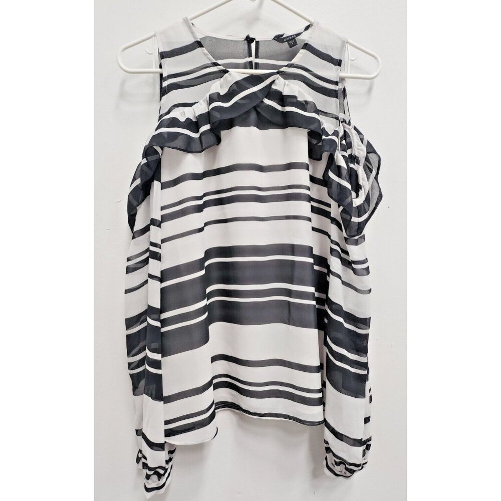 Y2K Guess Womens‎ Top Medium Black White Striped Ruffle Cold Shoulder Coquette
